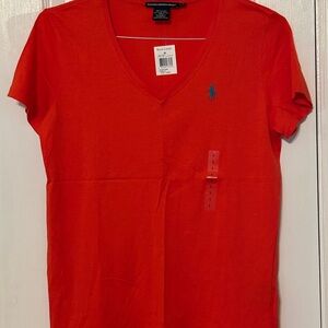 Ralph Lauren Tomato Red V-Neck Tee Large